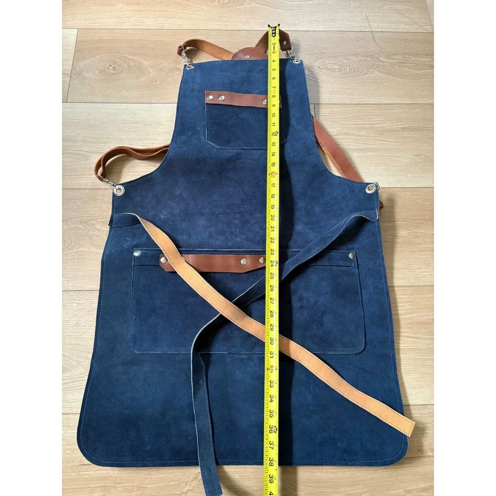 Blue Suede Leather Apron Adjustable Crossback Straps Chef Grilling Workshop